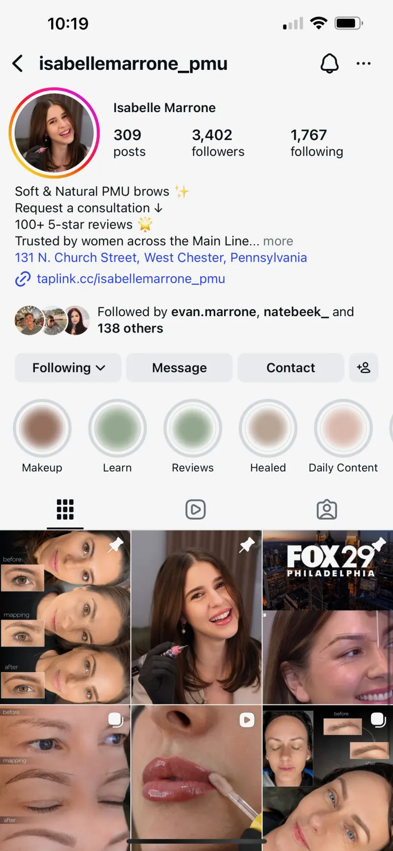Isabelle Marrone's Instagram β soft & natural PMU brows on the Main Line, featured on FOX 29 Philadelphia